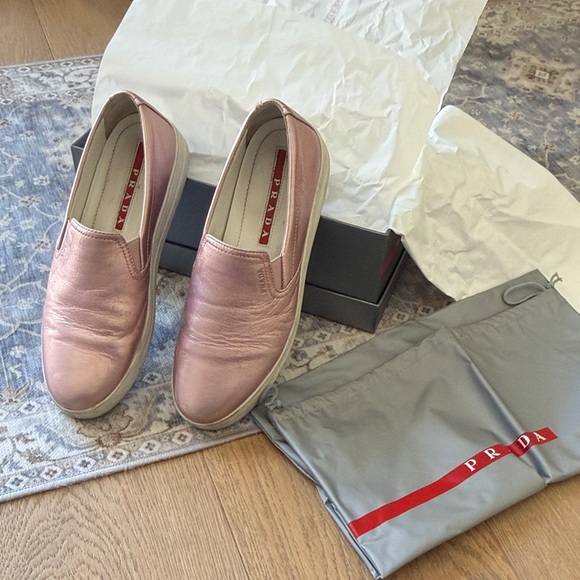 Prada Shoes - Prada Metallic Pink Slip-On Shoes